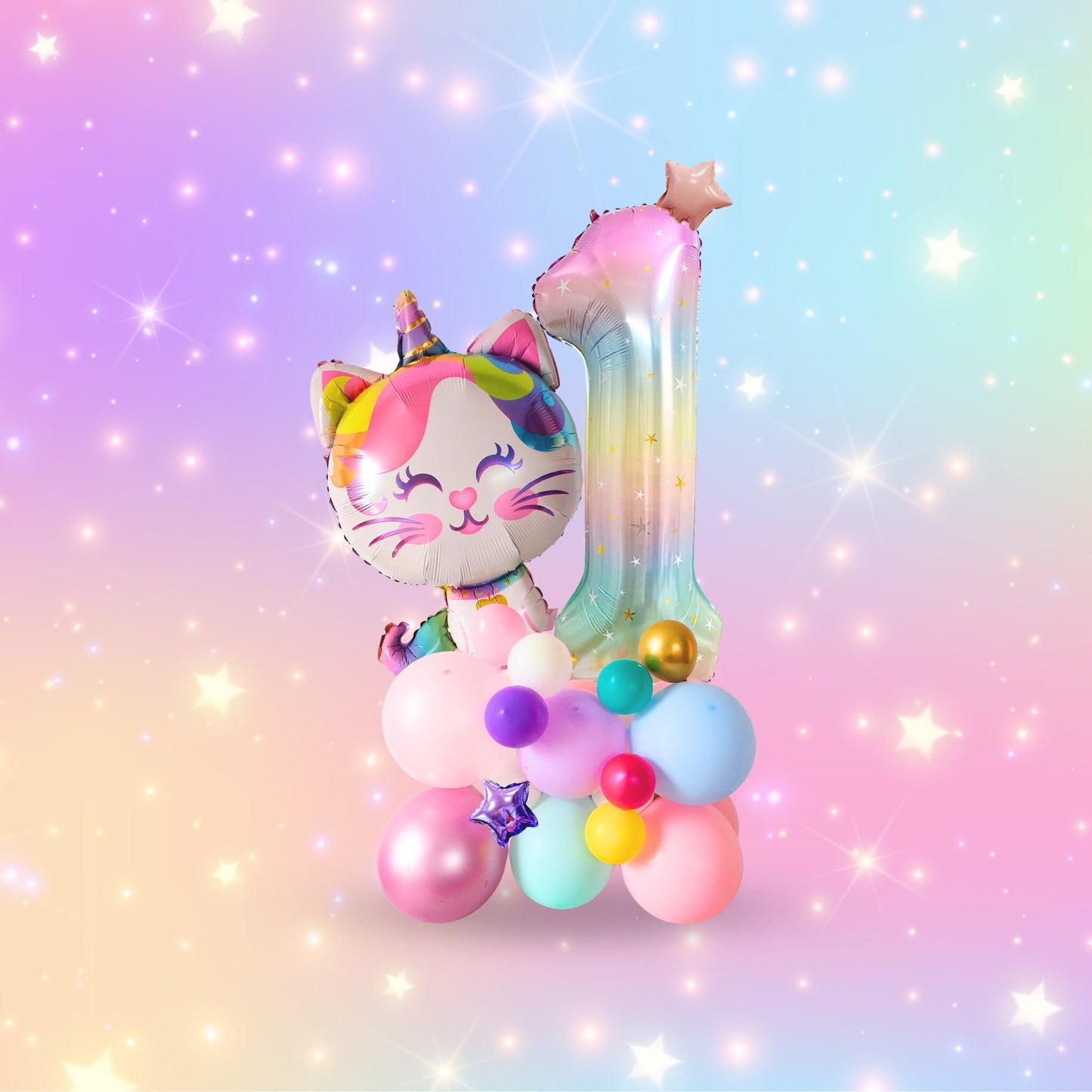 Rainbow unicorn cat stars girls birthday balloon sculpture bouquet