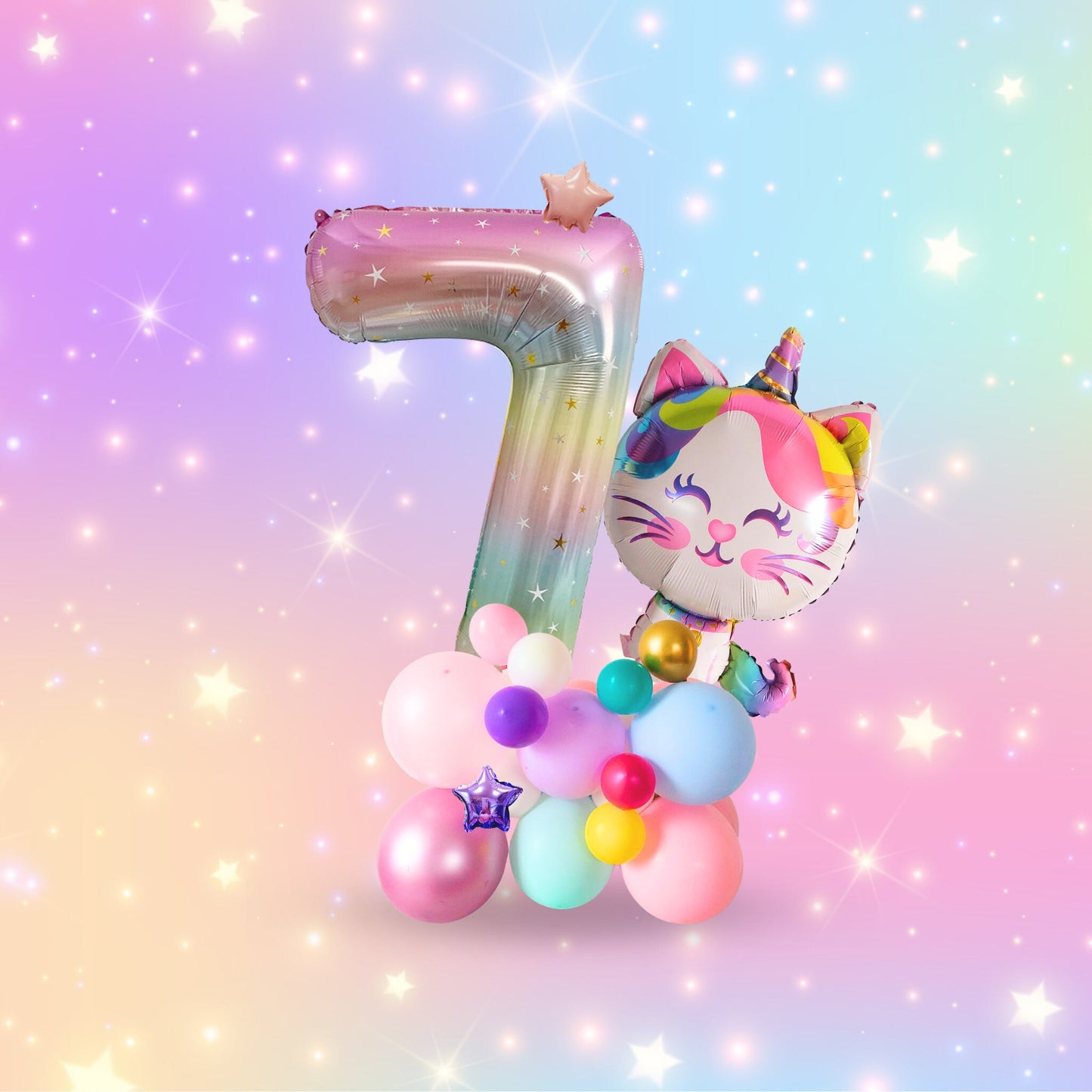 Rainbow unicorn cat stars girls birthday balloon sculpture bouquet