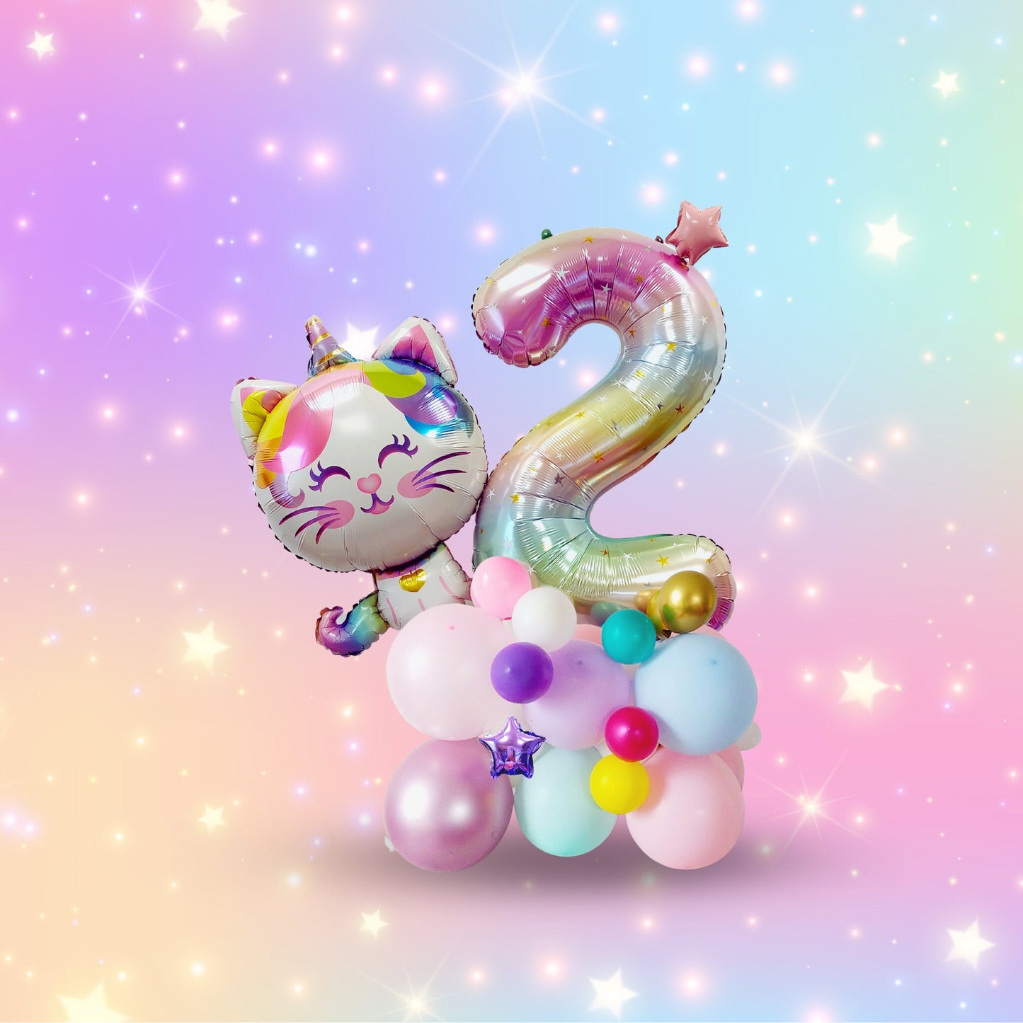 Rainbow unicorn cat stars girls birthday balloon sculpture bouquet