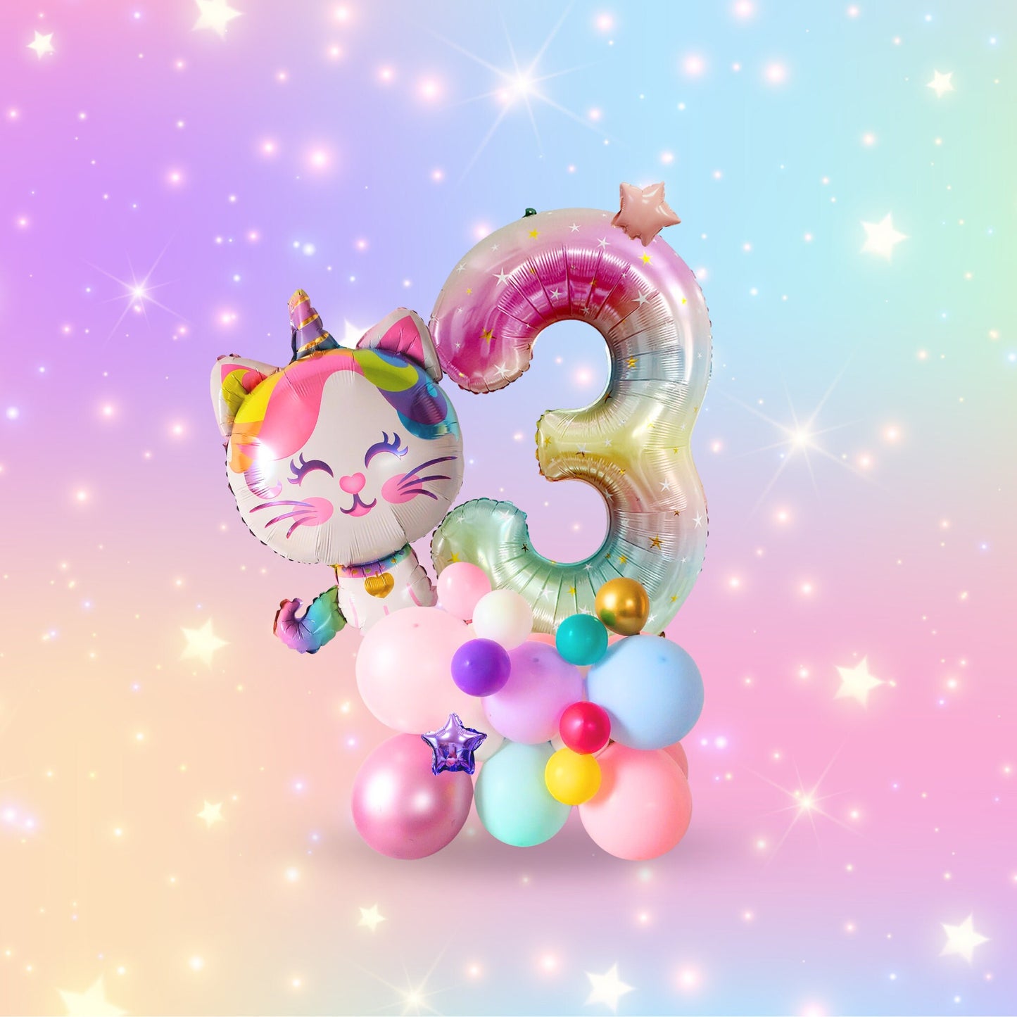 Rainbow unicorn cat stars girls birthday balloon sculpture bouquet