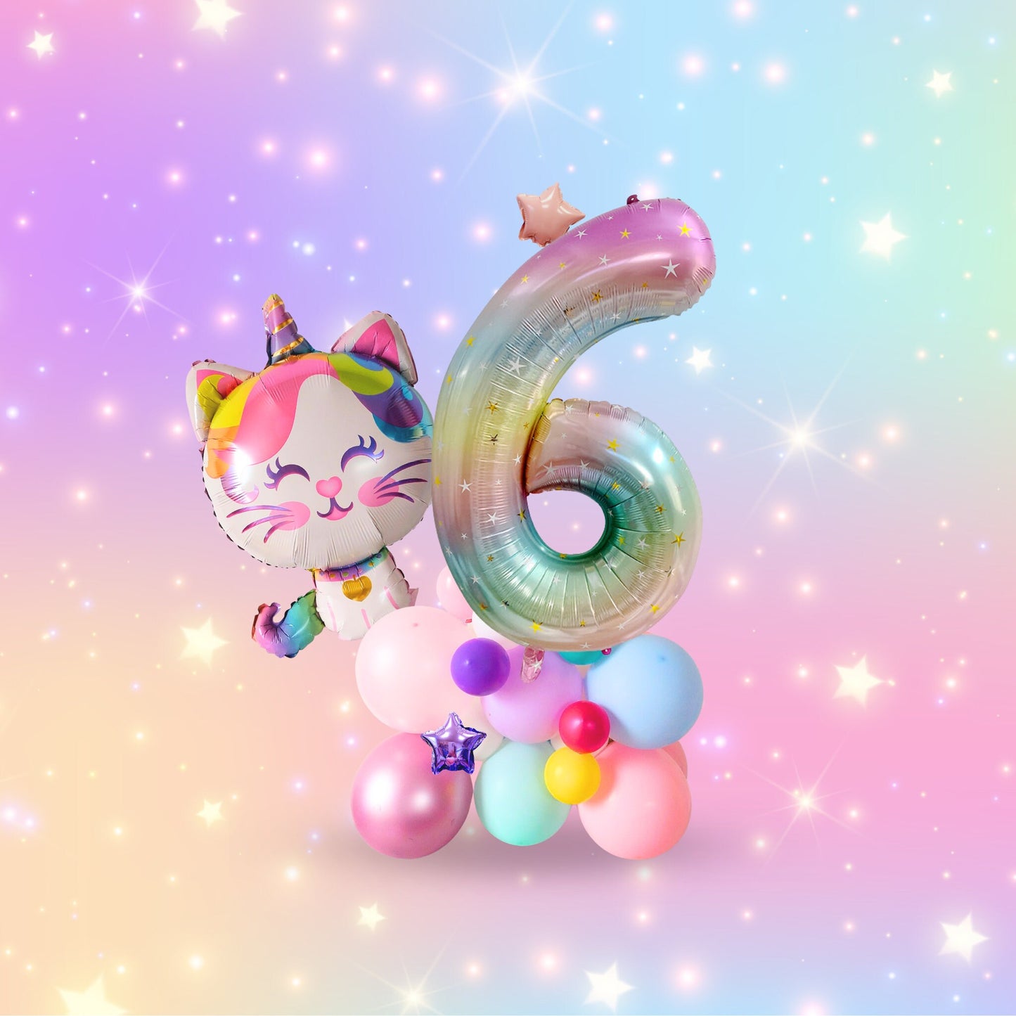 Rainbow unicorn cat stars girls birthday balloon sculpture bouquet