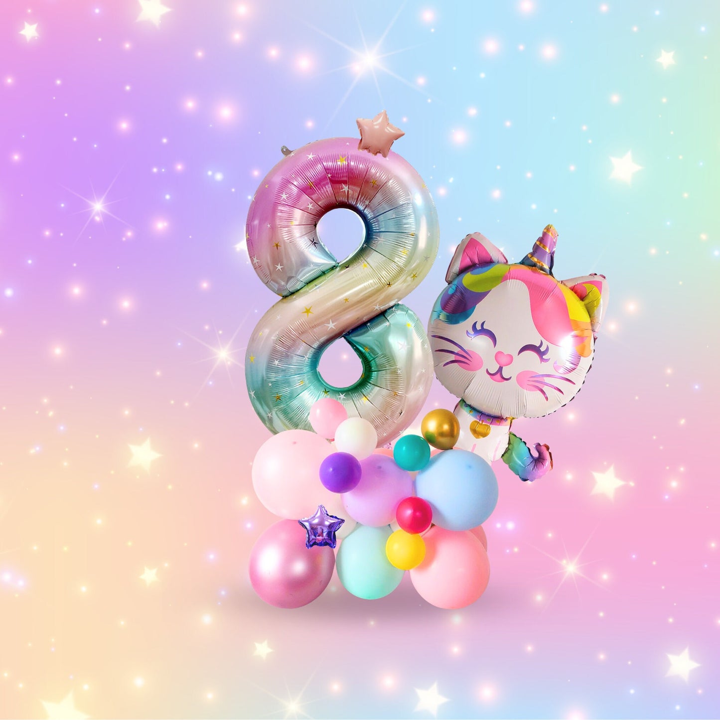 Rainbow unicorn cat stars girls birthday balloon sculpture bouquet