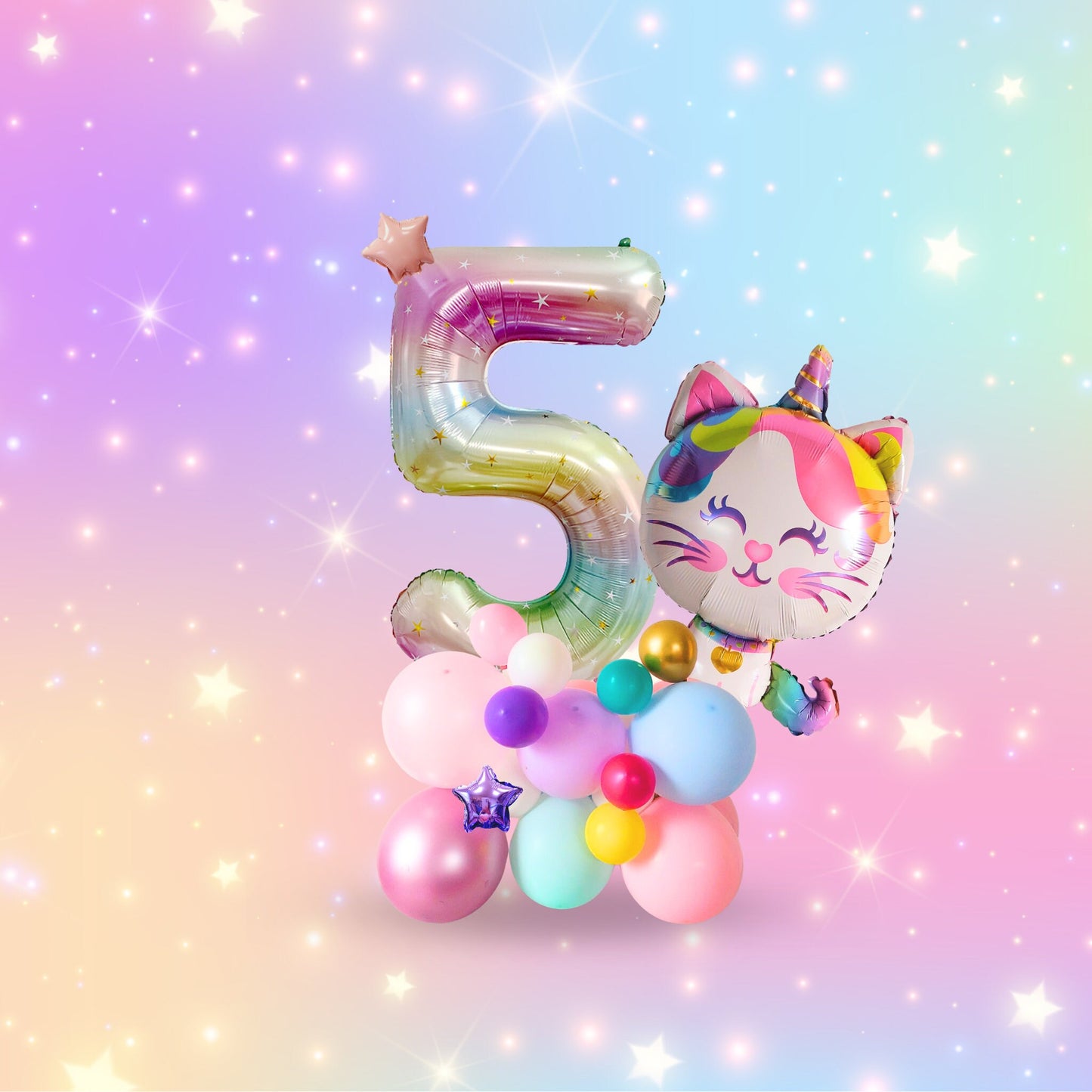 Rainbow unicorn cat stars girls birthday balloon sculpture bouquet