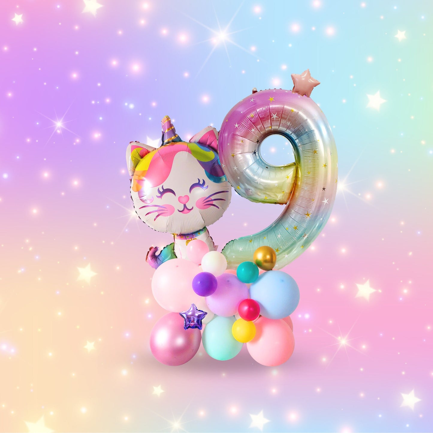 Rainbow unicorn cat stars girls birthday balloon sculpture bouquet