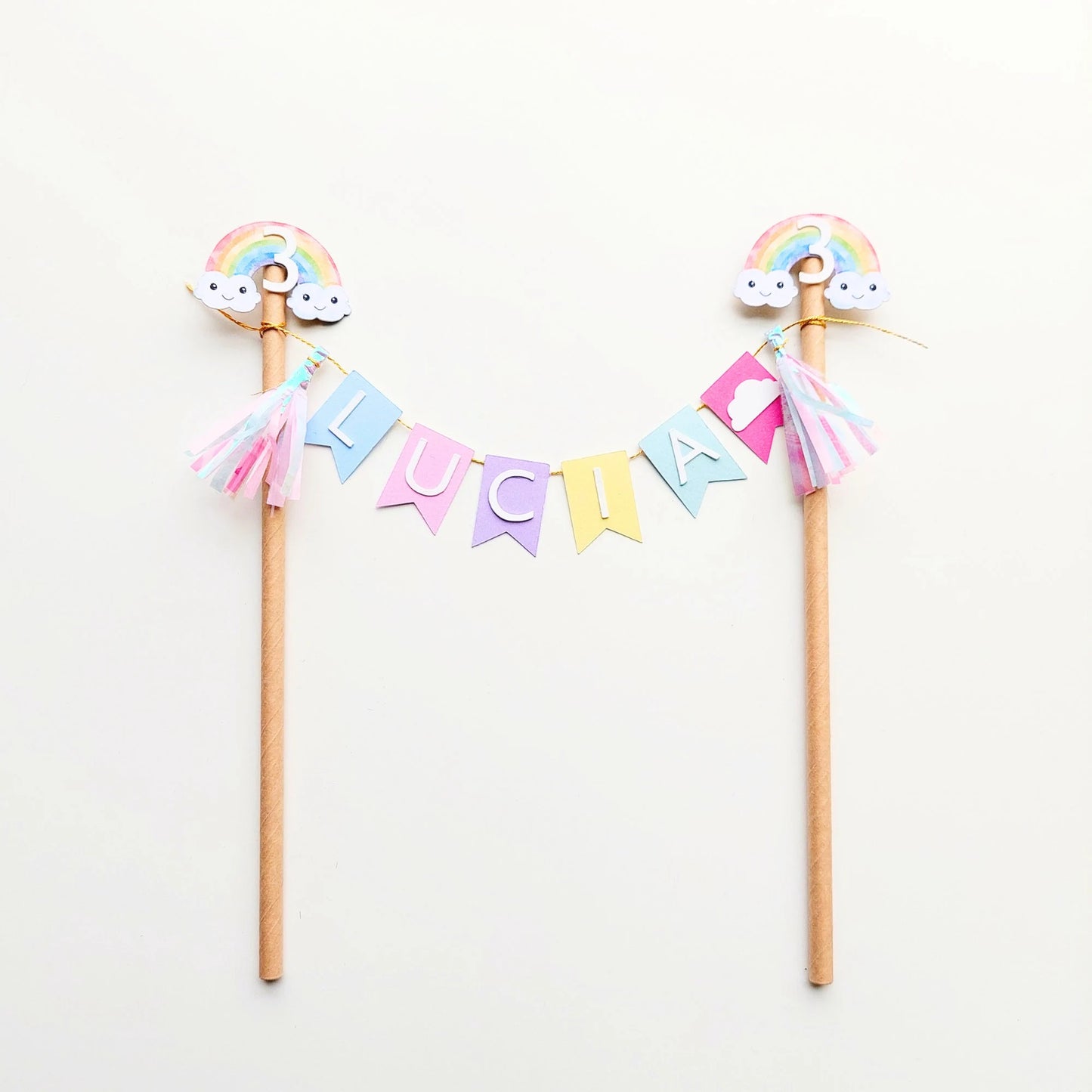 Personalised Pastel rainbow bunting banner tassel balloons cake topper