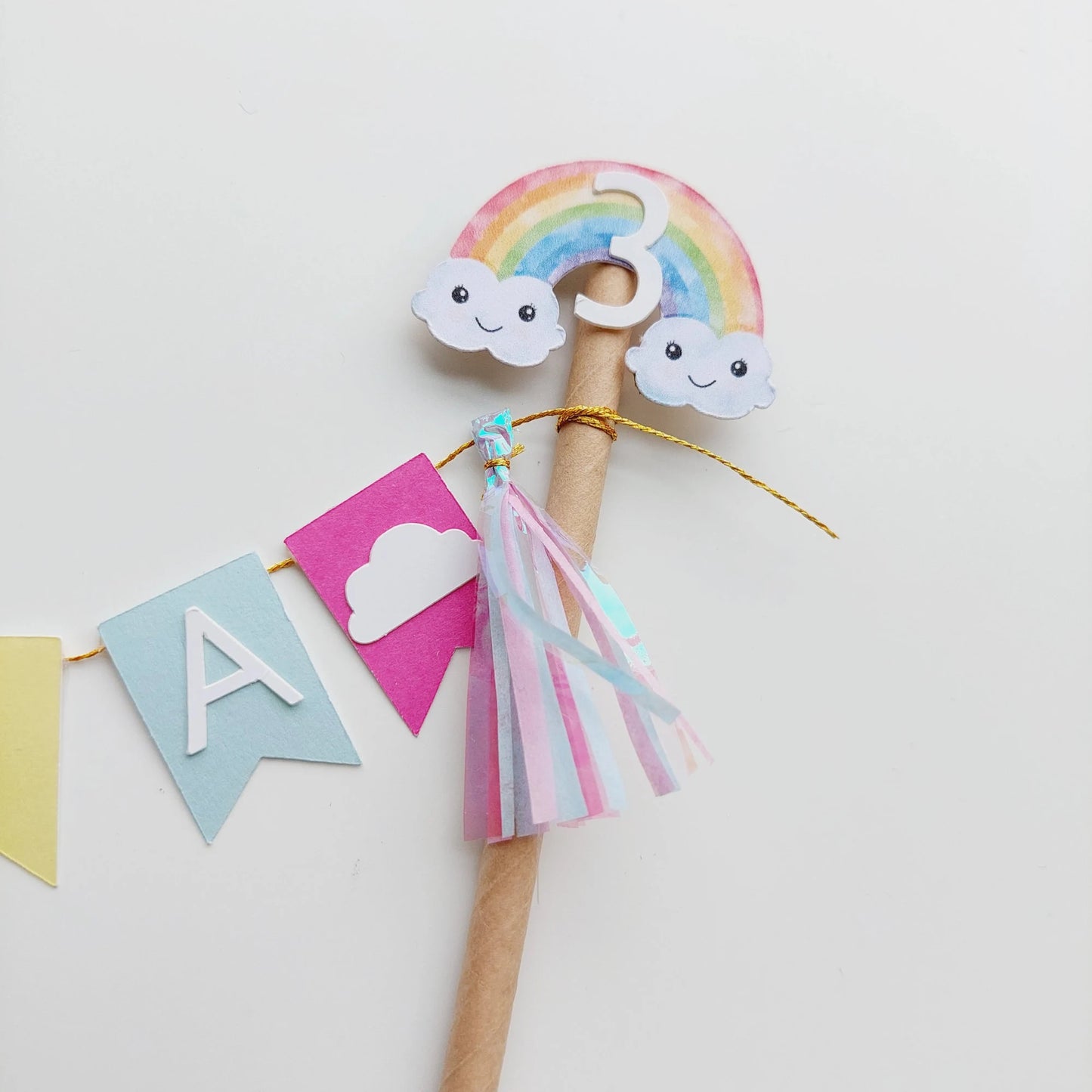 Personalised Pastel rainbow bunting banner tassel balloons cake topper