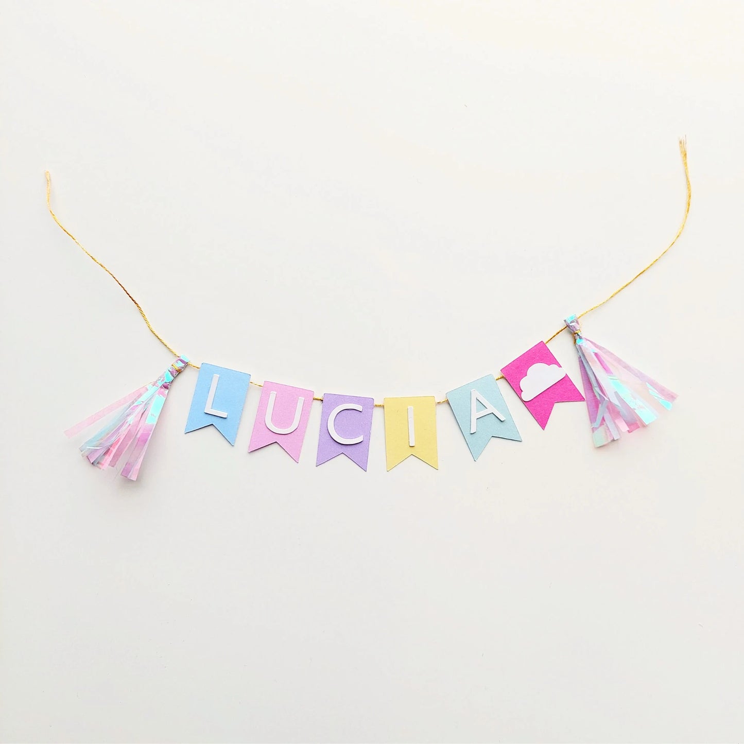 Personalised Pastel rainbow bunting banner tassel balloons cake topper