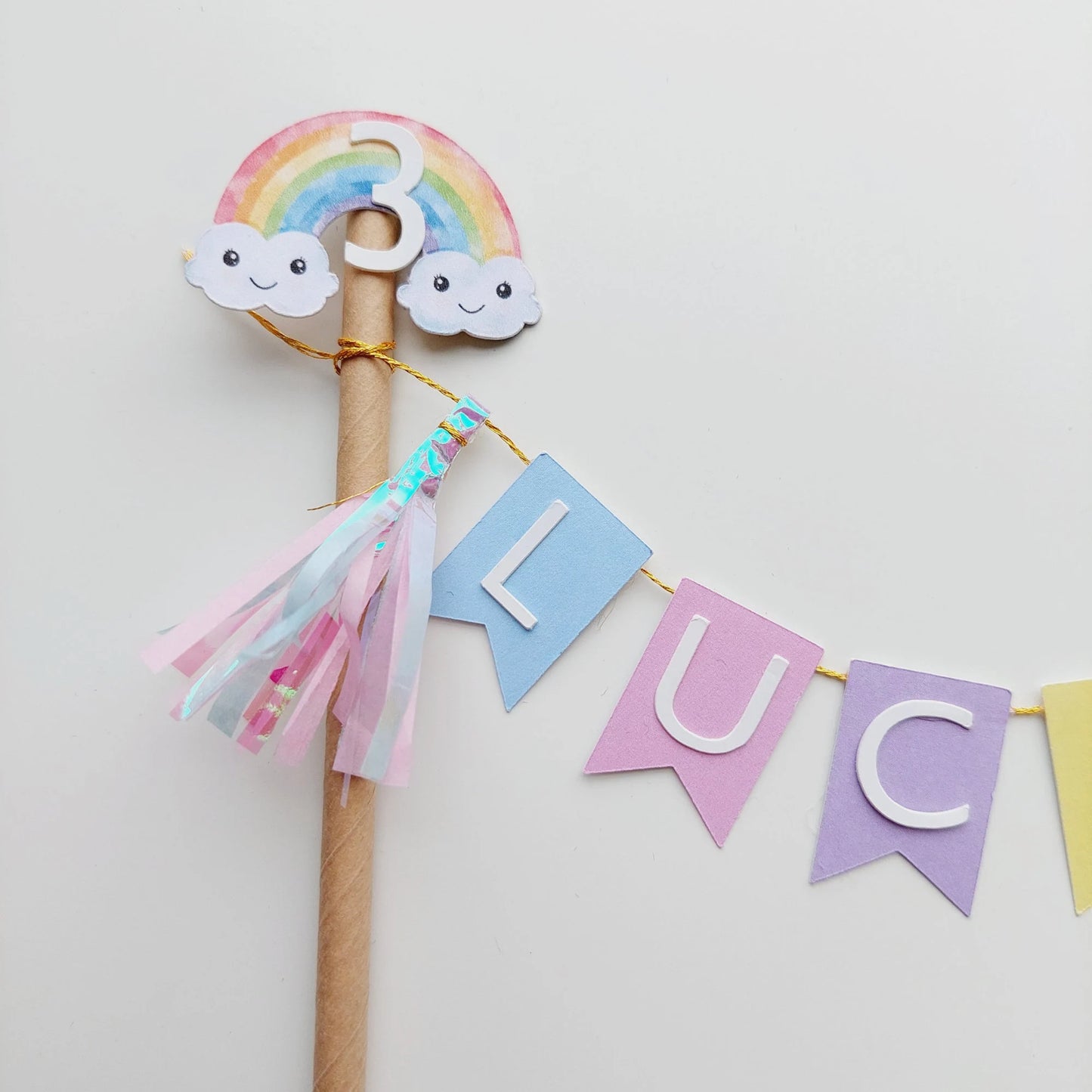 Personalised Pastel rainbow bunting banner tassel balloons cake topper