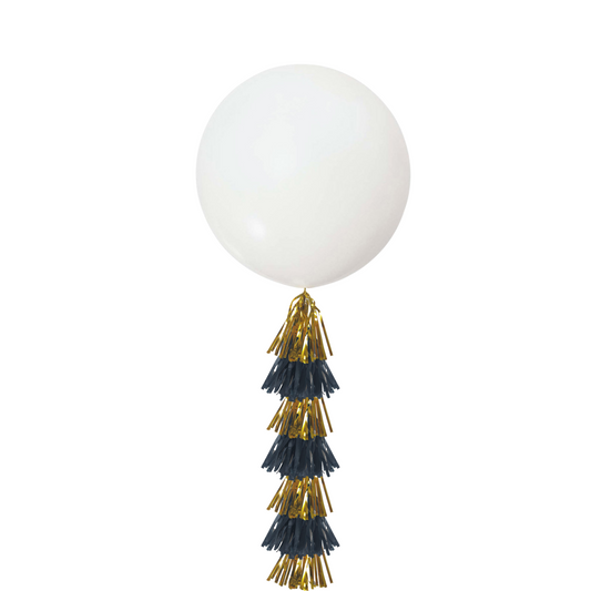 Giant 36inch Balloon with Tassel Tails, White Black Gold