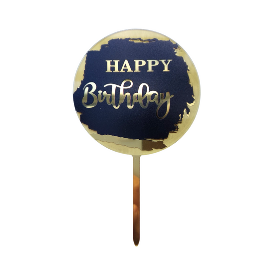 Black and Gold Round Happy birthday Acrylic Cake Topper